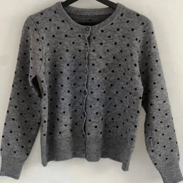 [BUNJANG] Dot Knit Round Button Cardigan - Grey / 도트 니트 라운드 단추 가디건 그레이