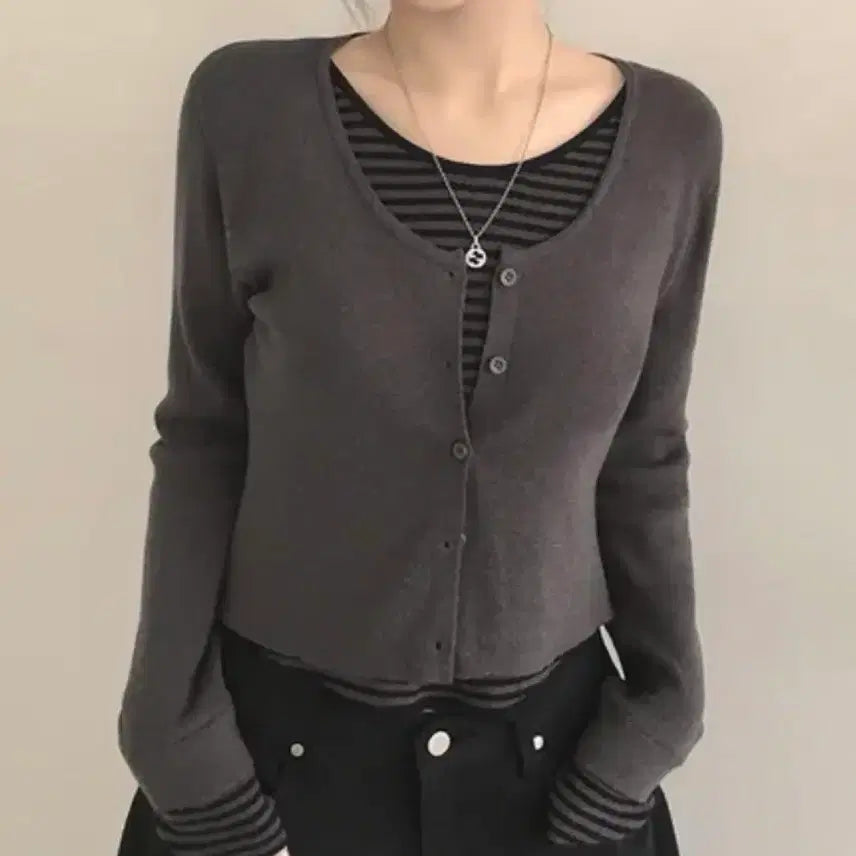 [BUNJANG] Stripe Layered U-neck Knit Cardigan - Gray / 스트라이프 레이어드 유넥 니트가디건 그레이