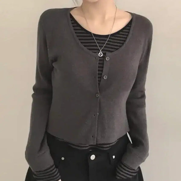 [BUNJANG] Stripe Layered U-neck Knit Cardigan - Gray / 스트라이프 레이어드 유넥 니트가디건 그레이