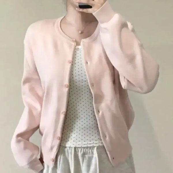 [BUNJANG] Basic Round Neck Cardigan - Pink / 베이직 라운드넥 가디건 핑크