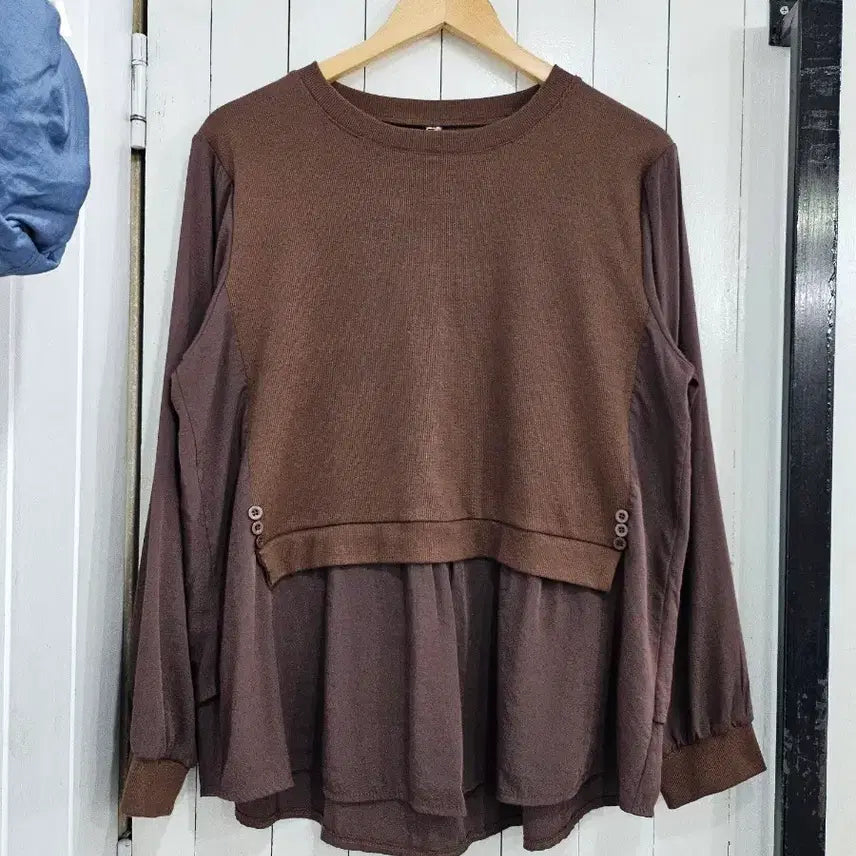 [BUNJANG] Women's Long Sleeve Linen Blend Blouse - Brown, 2XL / 여성 긴팔 블라우스 2XL 브라운 골지 린넨 배색 루즈핏 U넥 라운드넥 블라우스티셔츠