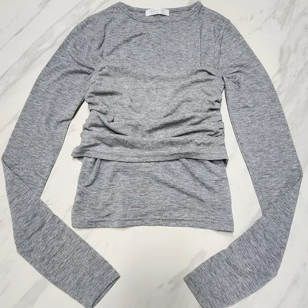 [BUNJANG] Grey Shirring Crop Long Sleeve T-Shirt / (새상품) 그레이 셔링 크롭 긴팔