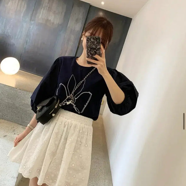 [BUNJANG] Bicini Ribbon Bunny T-Shirt Navy / 바이씨니 리본토끼티