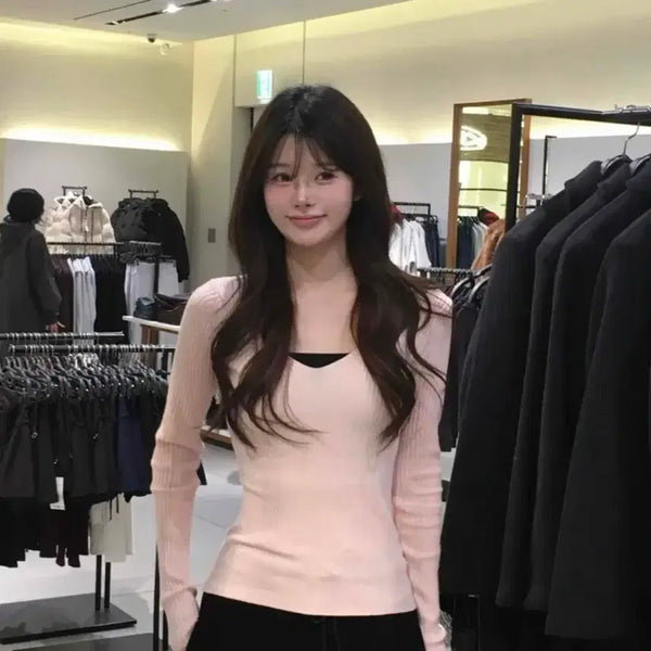 [BUNJANG] Feverroom Suzi Knit Ribbed Slim V-Neck Knit Pink / 피버룸 수지니트 골지 슬림 브이넥 니트 핑크