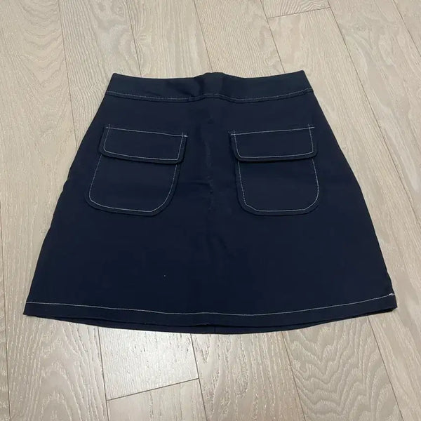 [BUNJANG] Navy Mini Skirt with White Stitching Detail / 네이비 주머니 화이트 스티칭 디테일 미니 스커트