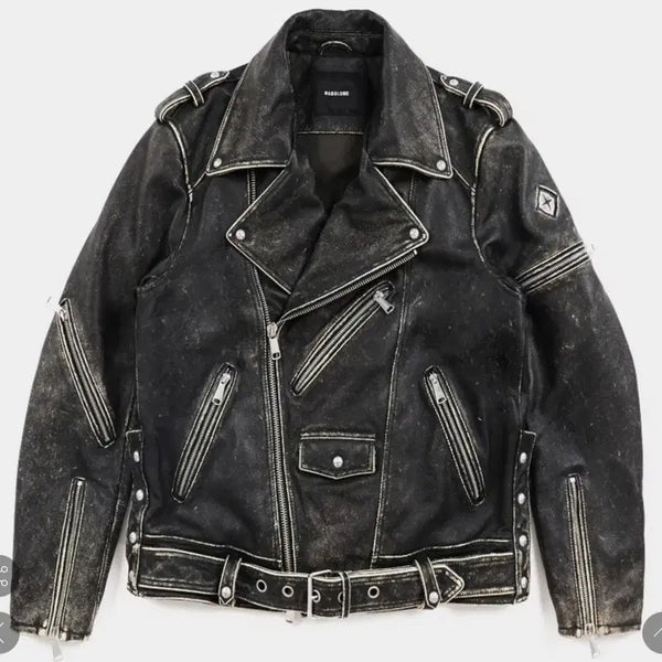 [BUNJANG] BADBLOOD Cracked Leather Biker Jacket (Smoky Black) / BADBLOOD 크랙 레더 바이커 자켓(스모키 블랙)
