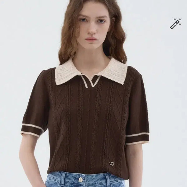 [BUNJANG] O'2nd Dark Brown Cable Knit Short Sleeve Knit Top Size 90 / O'2nd 오즈세컨 다크브라운색 꽈배기니트 카라 반팔니트90사이즈