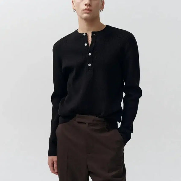 [BUNJANG] Noire Cotton Ribbed Henley Neck Knit 48 / 노이어 - 코튼 리브드 헨리넥 니트 48size