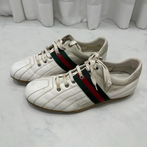 [BUNJANG] Gucci Vintage Three-Stripe Web Leather Sneakers (Size 8G / 270) / 구찌 빈티지 삼선 웹 가죽 스니커즈 (8G / 270)