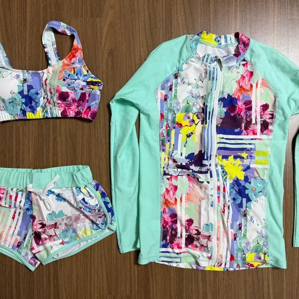 [BUNJANG] Flower Pattern Rash Guard Swimsuit 3-Piece Set (Size S) / 플라워 패턴 래쉬가드 수영복 3종 세트(사이즈 s)
