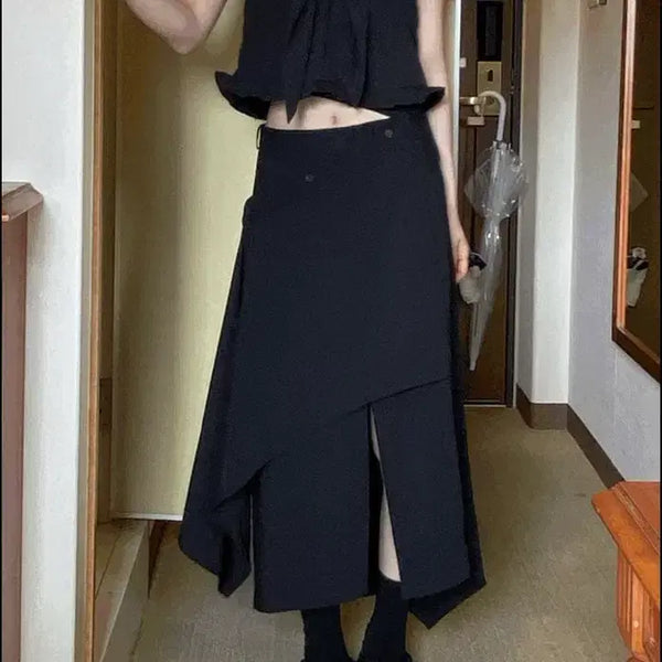 [BUNJANG] Wooha Overlay Asymmetric Skirt Black / 우화 오버레이 언발 스커트 블랙