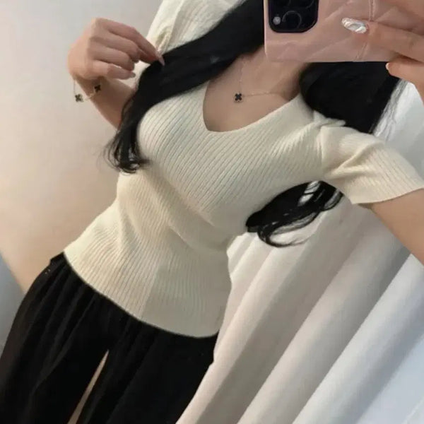 [BUNJANG] V-Neck Ribbed Short Sleeve Knit / 브이넥 골지 반팔 니트