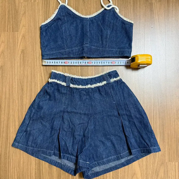 [BUNJANG] Denim Bustier and Pleated Shorts Set / 청 데님 뷔스티에 앤 플리츠 숏 팬츠 세트