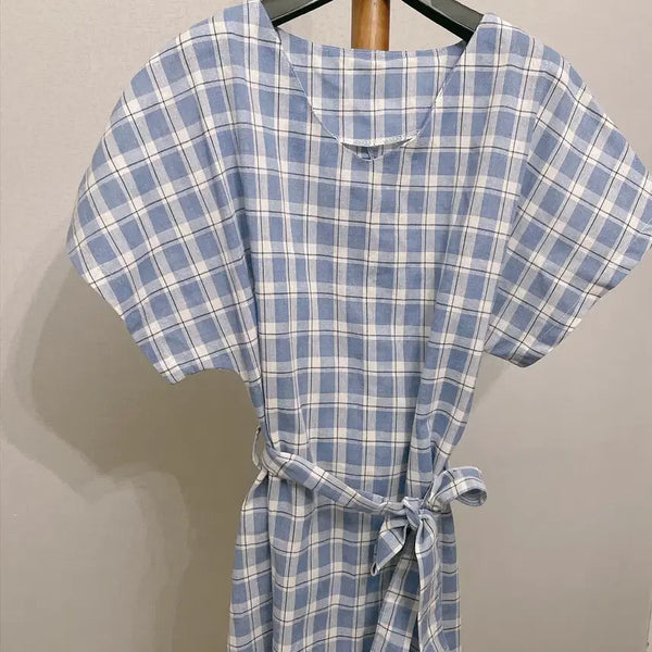 [BUNJANG] Sky Blue Check Short Sleeve Long Dress / 하늘색 체크 반팔 롱 원피스 F (새상품)
