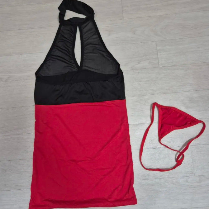 [BUNJANG] Halterneck Sheer Contrast Mini Dress Set with Thong / 챡샷o 홀터넥 시스루 배색 미니 원피스 세트 (티팬티 포함)