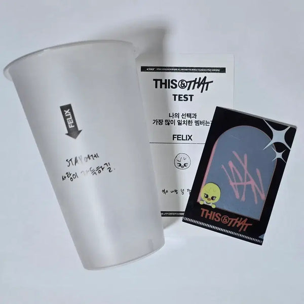 [BUNJANG] Stray Kids Felix D&D Pop-up Exclusive Reusable Cup, Receipt, Mini L-Holder Bundle Set / 디스앤댓 팝업 입장 특전 필릭스 리유저블 컵 영수증 미니 L홀더 뽁아리 스키즈