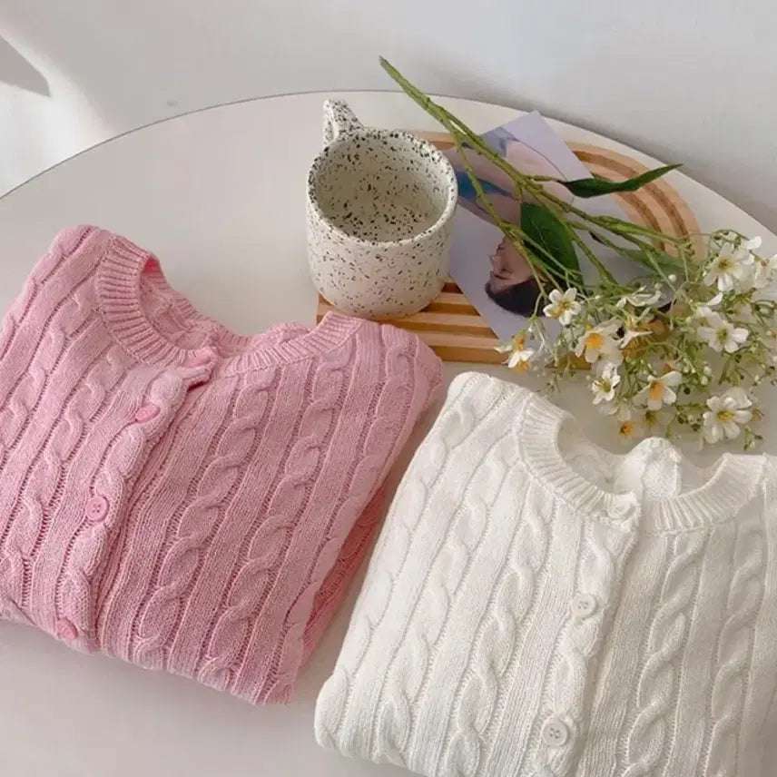 [BUNJANG] Ablie Twist Purl Round Cardigan Pink / 에이블리 꽈베기 폴로 니트 라운드 가디건 핑크