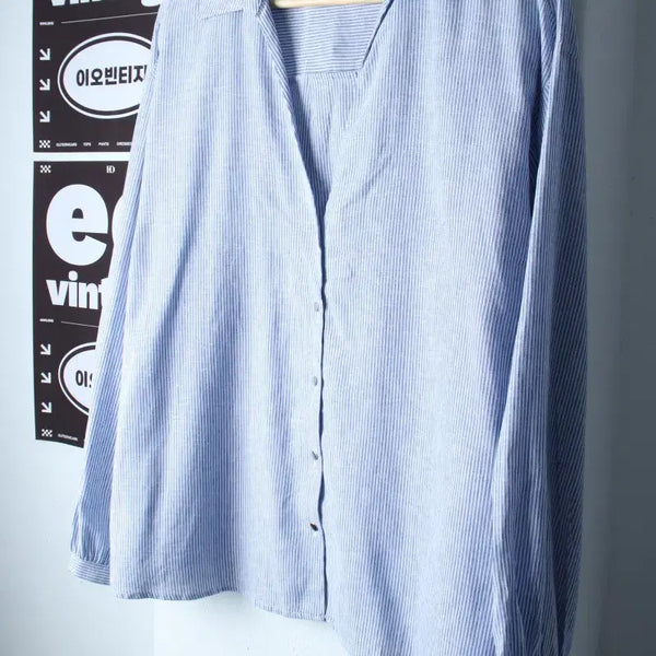 [BUNJANG] Zara Striped V-Neck Shirt / W(M-XL) 자라 셔츠 남방 브이넥 연블루 스트라이프 마-H36887