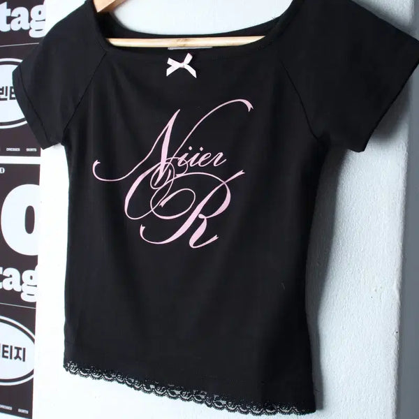 [BUNJANG] W (Woman) NIRVANA Y2K Cropped T-shirt Black / W(F) 니어노어 반팔 티셔츠 Y2K 크롭 블랙 키치-H36914