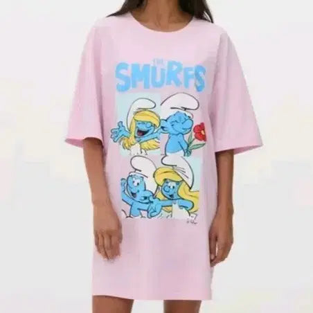 [BUNJANG] Smurfs Character Short Sleeve Dress Pink M / 스머프 캐릭터 반팔  핑크 수입M