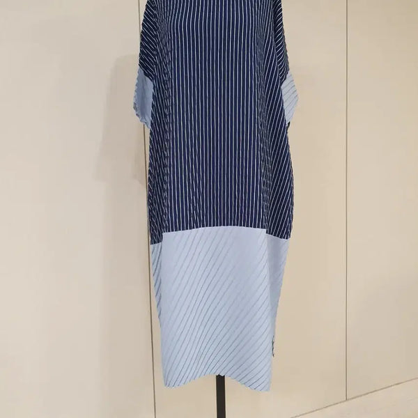 [BUNJANG] Pleated Stripe Colorblock Long Dress / 플리츠 스트라이프 배색 원피스