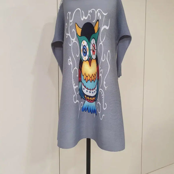 [BUNJANG] Owl Pattern Pleated Midi Dress / 부엉이 패턴 주름 원피스