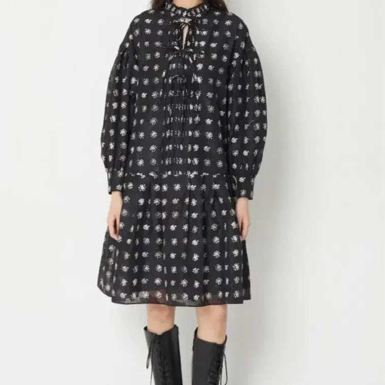 [BUNJANG] Lucky Chouette Black Flower Midi Dress / 럭키슈에트 블랙플라워 원피스
