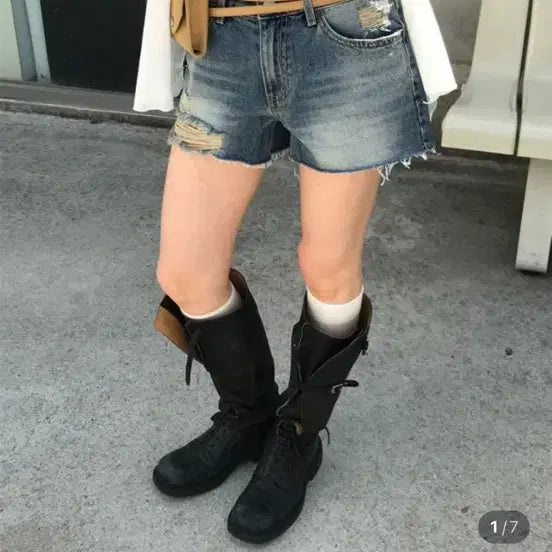 [BUNJANG] Nude Brush Short Denim Pants Cutoff Shorts / 누즈 브러쉬 숏 테님 팬츠 찢청바지 반바지
