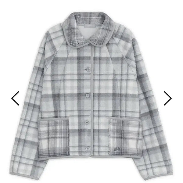 [BUNJANG] Hug Yourskin Round Collar Check Fleece Jacket / 새상품)허그유어스킨 라운드카라 체크 플리스 자켓