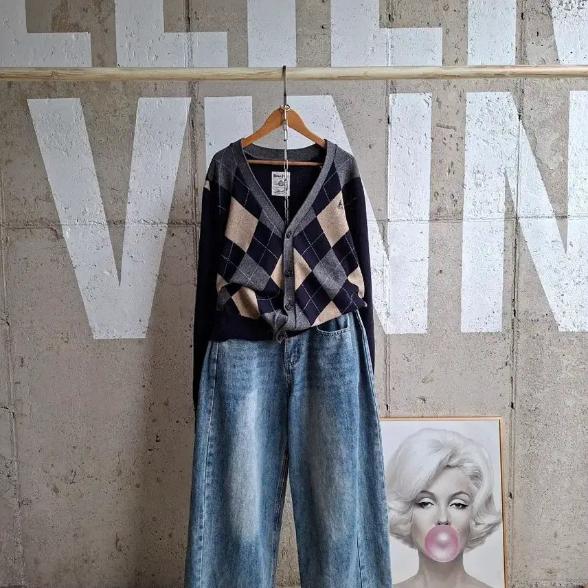 [BUNJANG] Beanpole Argyle Knit Cardigan / 빈폴 아가일 전통 니트가디건(SB1