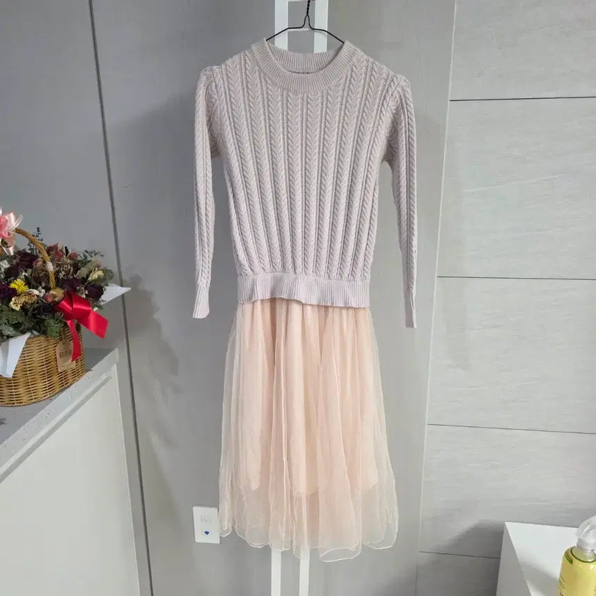 [BUNJANG] Women's Knit Dress with Chiffon Skirt - Pink Beige / 여성 니트 원피스 핑크 베이지