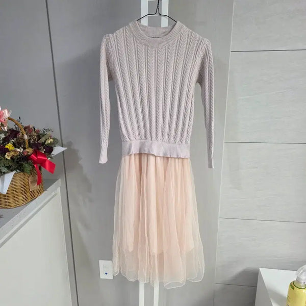 [BUNJANG] Women's Knit Dress with Chiffon Skirt - Pink Beige / 여성 니트 원피스 핑크 베이지