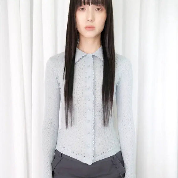[BUNJANG] Rouge Sleepover Tender Lace Knit Blouse - Baby Blue / 루즈슬립오버 텐더 레이스 니트 블라우스 - 베이비블루