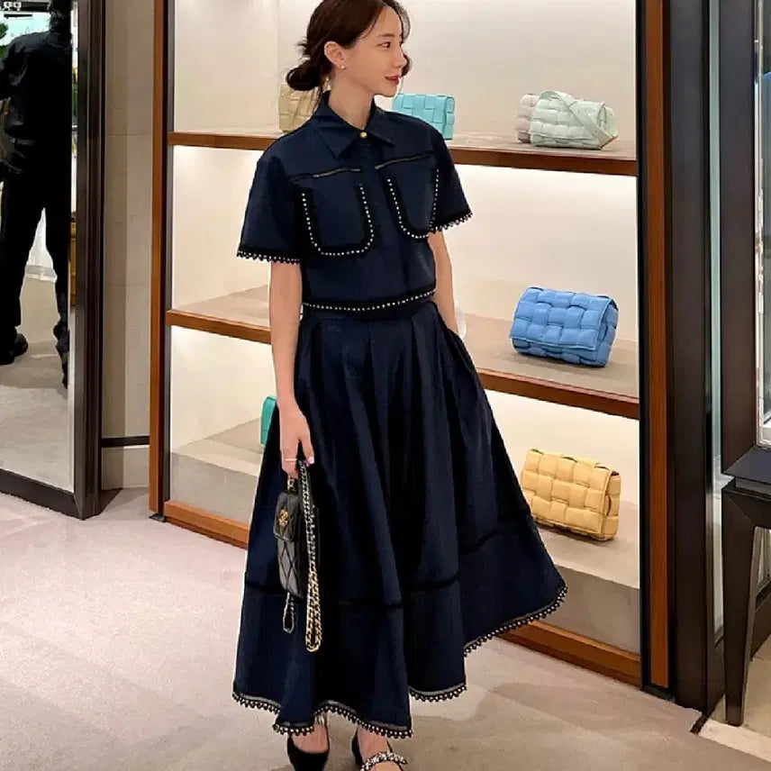 [BUNJANG] Flowm by Sini Navy Lace Two-Piece Suit Set / 하객룩투피스 플로움 바이씨니 강자매 황언니 미미씨엘