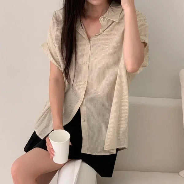 [BUNJANG] K-Club Harmony Summer Stripe Oversized Short-Sleeve Shirt Beige / 케이클럽 MADE 하모니 썸머 스트라이프 오버핏 반팔 셔츠 베이지 S 여름 루즈핏 데일리