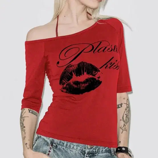 [BUNJANG] Fancy Club Red One Shoulder Top / 팬시클럽 플라스틱 키스 원숄더 탑 레드
