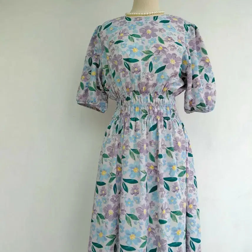 [BUNJANG] Puff Sleeve Floral Banding Long Dress / 퍼프소매 플라워 밴딩 롱원피스