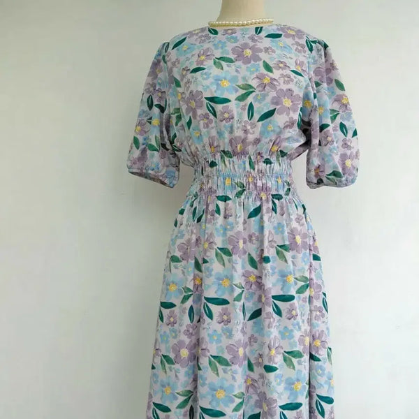 [BUNJANG] Puff Sleeve Floral Banding Long Dress / 퍼프소매 플라워 밴딩 롱원피스