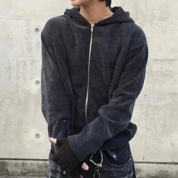 [BUNJANG] Dans Studio Mink Biker Cropped Hoodie Zip-up Charcoal / 단스튜디오 밍크 바이커 크롭 후드 집업 차콜