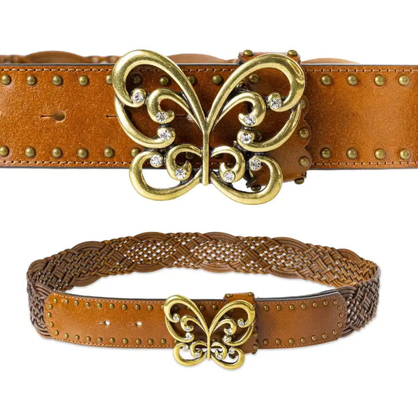 [BUNJANG] ANNA SUI Vintage Bohemian Leather Belt with Gold Butterfly Buckle / 안나수이 빈티지 보헤미안 레더 벨트