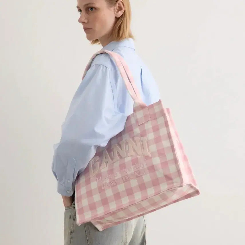 [BUNJANG] GANNI Pink Check Shoulder Bag Tote Bag / 가니 핑크 체크 숄더백 토트백 보부상백