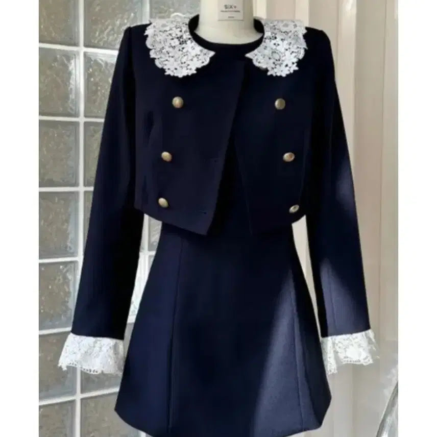 [BUNJANG] Navy Lace Collar Jacket + Mini Dress Set / 네이비 레이스 카라 자켓 + 미니 원피스 코디 세트 (xs~s)