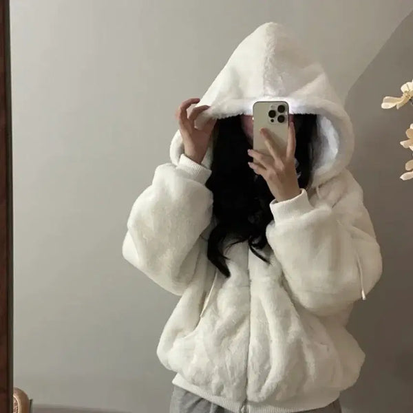 [BUNJANG] Avery Fleece Crop Hoodie Zip-Up White / 에이블리 후리스 크롭 후드집업 화이트 흰색
