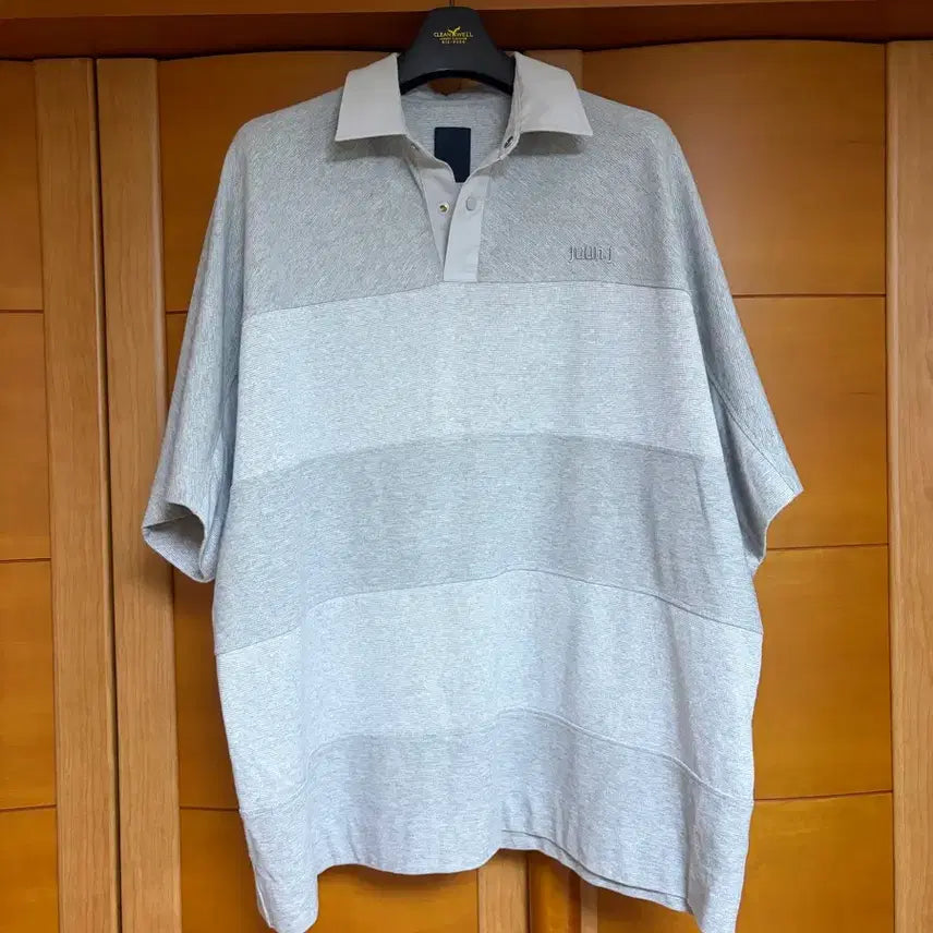 [BUNJANG] Juun.J Waffle Stripe Polo Short Sleeve T-Shirt Grey L / 준지 와플 스트라이프 폴로 숏슬리브 그레이 L사이즈