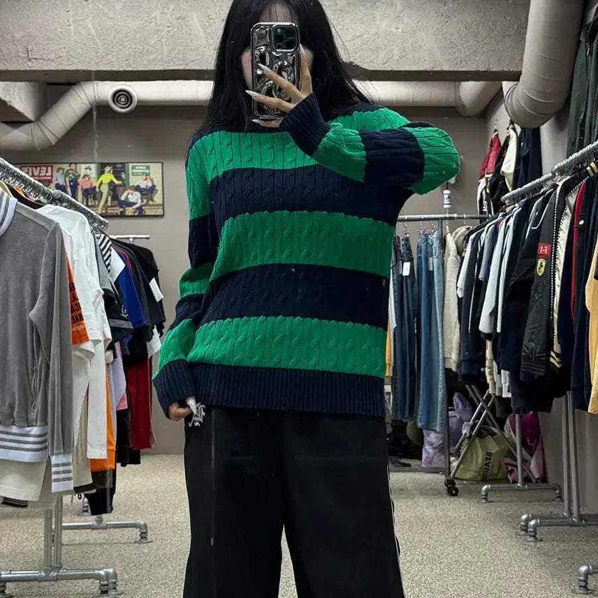 [BUNJANG] Polo Ralph Lauren Striped Cable Knit Sweater L / 폴로 랄프로렌 스트라이프 케이블 니트 스웨터 S183