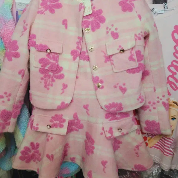 [BUNJANG] Pink Flower Check Jacket and Skirt Set / 핑크 플라워 체크 자켓 치마 세트수입