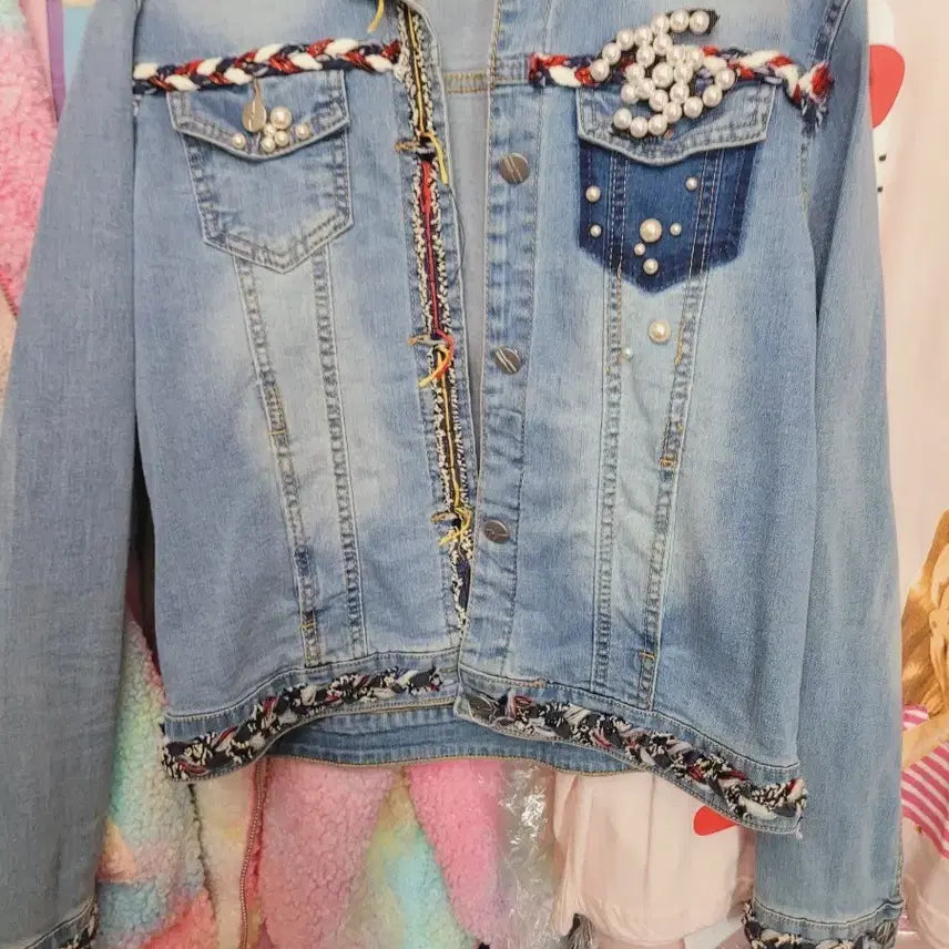 [BUNJANG] Pearl Embellished Tweed Contrast Denim Jacket / 청자켓 진주 장식 트위드 배색 수입 돈나수이
