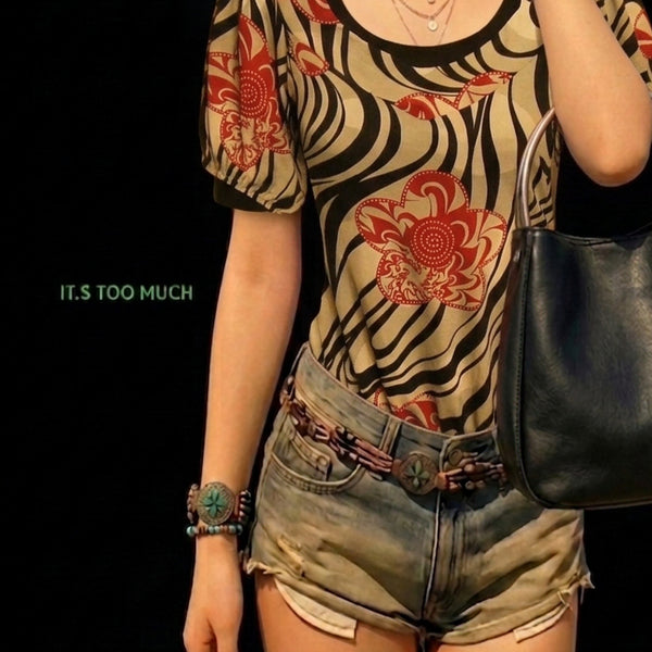 [BUNJANG] Retro Flower Blouse Short-Sleeve T-Shirt / Q2366 플라워 복고블라우스 여성티셔츠 여자티셔츠 여성블라우스 반팔티