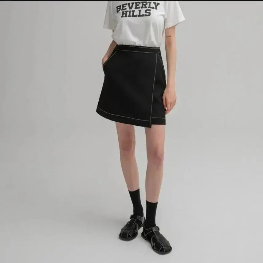 [BUNJANG] Double Stitch Wrap Skirt Black M / 더블스티치 랩 스커트 블랙M