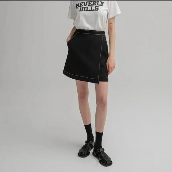 [BUNJANG] Double Stitch Wrap Skirt Black M / 더블스티치 랩 스커트 블랙M
